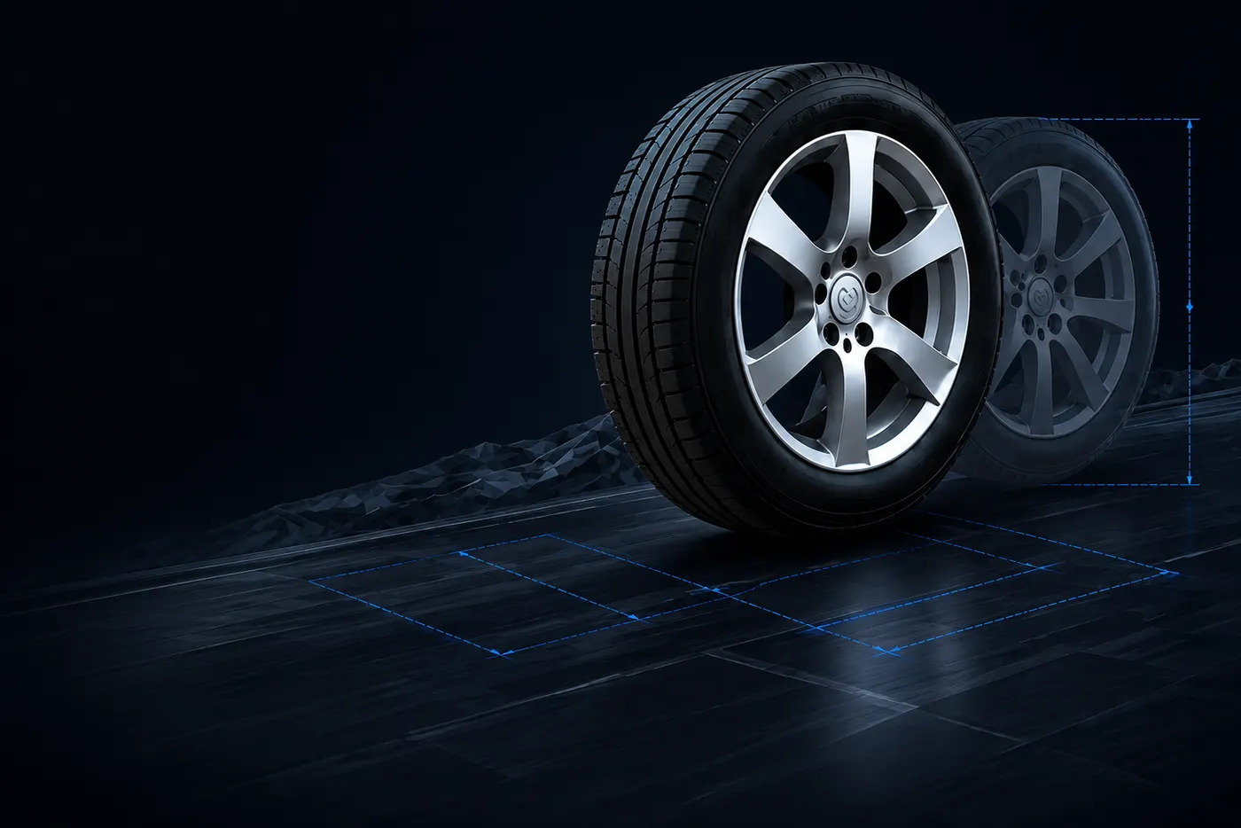 A tire and alloy wheel, with a second wheel behind it