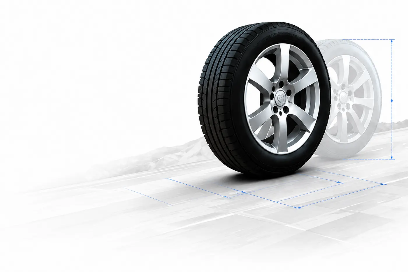 A tire and alloy wheel, with a second wheel behind it